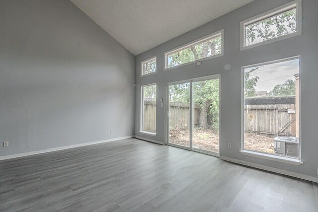 spare room featuring high vaulted ceiling, wood-type flooring, and a textured ceiling