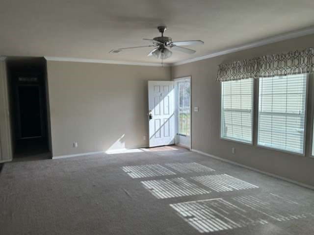 carpeted empty room with crown molding and ceiling fan