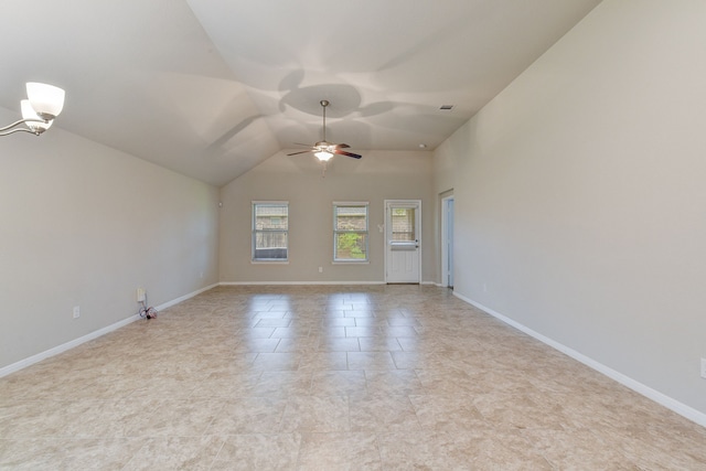 unfurnished room featuring lofted ceiling and ceiling fan