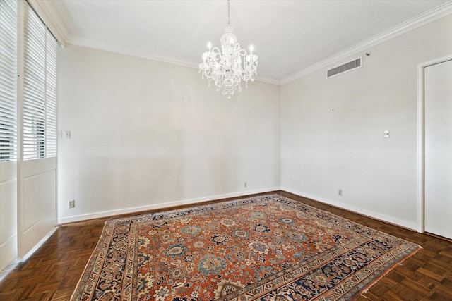 unfurnished room with a healthy amount of sunlight, dark parquet flooring, and a notable chandelier