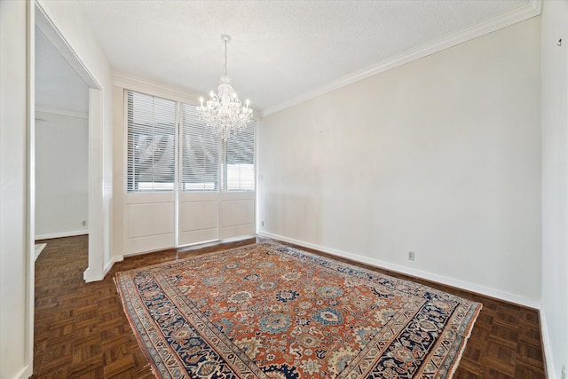 unfurnished dining area with a textured ceiling, ornamental molding, a chandelier, and dark parquet floors