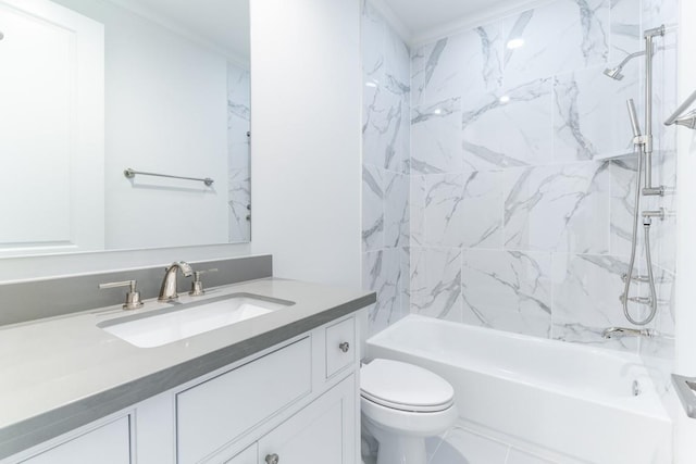 full bathroom with toilet, tiled shower / bath combo, tile patterned floors, and vanity