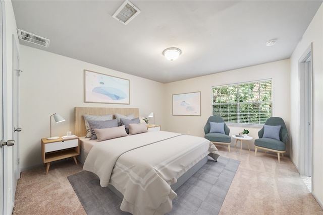 bedroom featuring light colored carpet