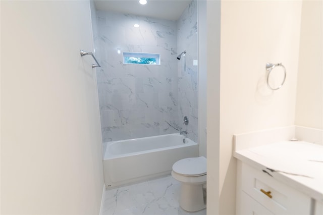 bathroom featuring marble finish floor, recessed lighting, toilet, tub / shower combination, and vanity