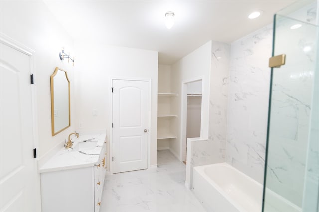 bathroom with a tub to relax in, marble finish floor, recessed lighting, vanity, and walk in shower