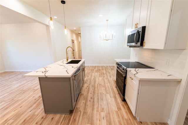 kitchen with range with electric stovetop, light wood finished floors, stainless steel microwave, backsplash, and a sink