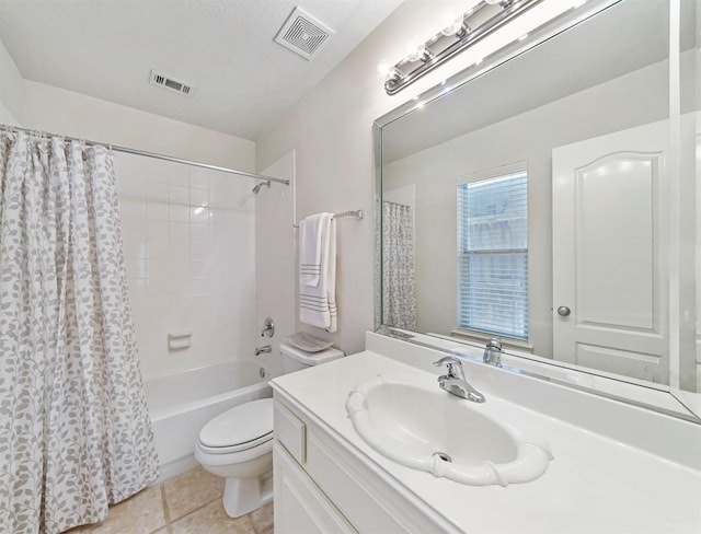 full bathroom featuring tile patterned flooring, vanity, shower / bathtub combination with curtain, and toilet