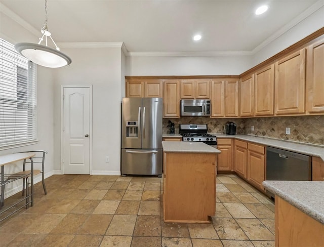 kitchen with a kitchen island, decorative light fixtures, decorative backsplash, ornamental molding, and stainless steel appliances