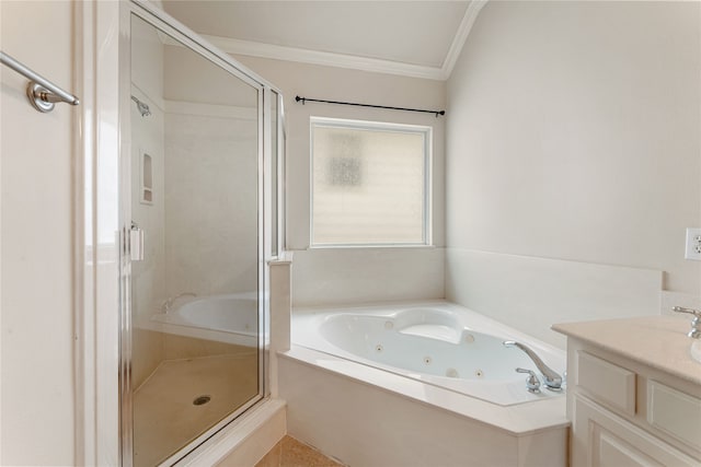 bathroom with shower with separate bathtub, crown molding, and vanity