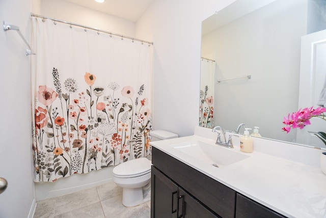 full bathroom featuring toilet, tile patterned floors, vanity, and shower / tub combo with curtain