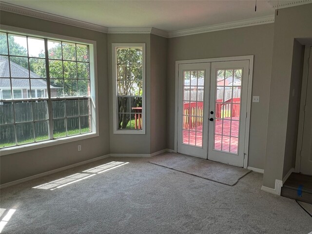 doorway to outside with carpet, a wealth of natural light, and crown molding