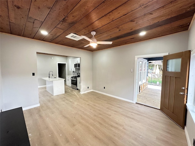 unfurnished living room with light hardwood / wood-style flooring, ceiling fan, wooden ceiling, and sink