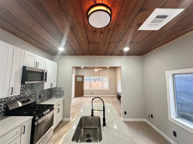 kitchen with wooden ceiling, backsplash, white cabinets, sink, and appliances with stainless steel finishes