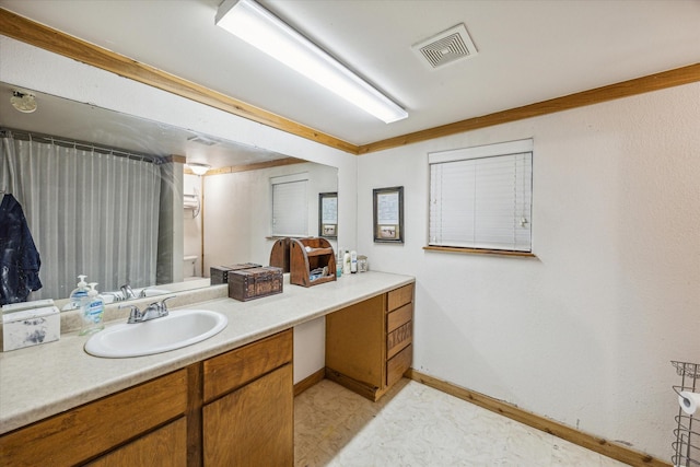 bathroom with vanity and ornamental molding