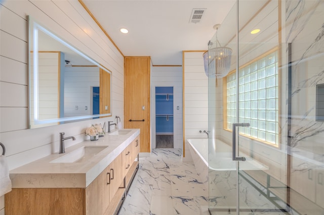 bathroom with vanity, plus walk in shower, ornamental molding, and wooden walls