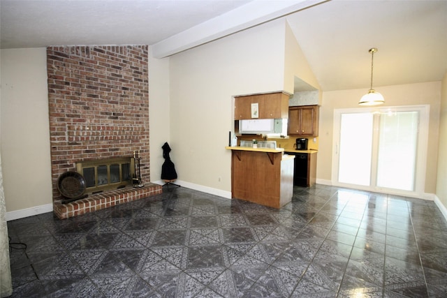 2202 Jones St, Rosenberg, TX 77471 - unfurnished living room featuring vaulted ceiling, baseboards, and a brick fireplace