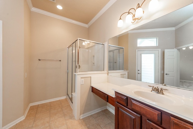 bathroom featuring tile patterned flooring, crown molding, a shower stall, and vanity