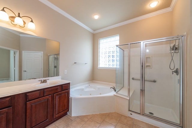 bathroom with ornamental molding, a whirlpool tub, tile patterned flooring, vanity, and a shower stall