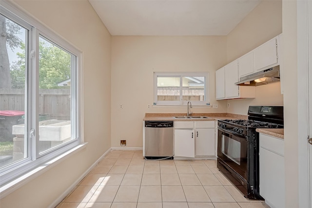 kitchen featuring dishwasher, light tile patterned flooring, sink, white cabinetry, and black range with gas cooktop