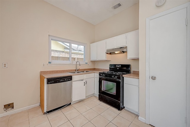 kitchen with dishwasher, light tile patterned flooring, sink, black range with gas cooktop, and white cabinets