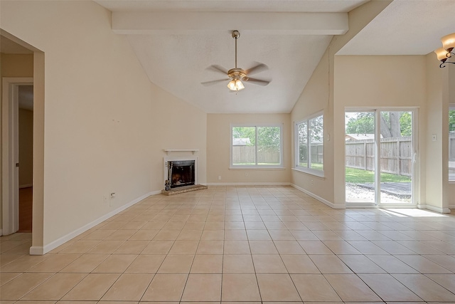 unfurnished living room featuring beam ceiling, light tile patterned floors, ceiling fan, and high vaulted ceiling