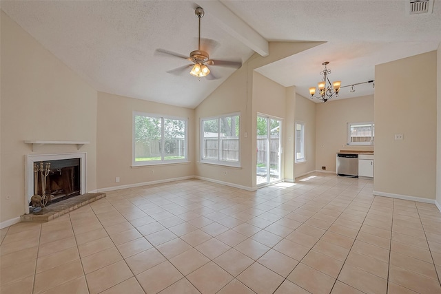 unfurnished living room featuring a textured ceiling, light tile patterned flooring, ceiling fan with notable chandelier, and lofted ceiling with beams