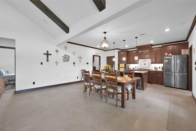 dining room with beamed ceiling and a chandelier