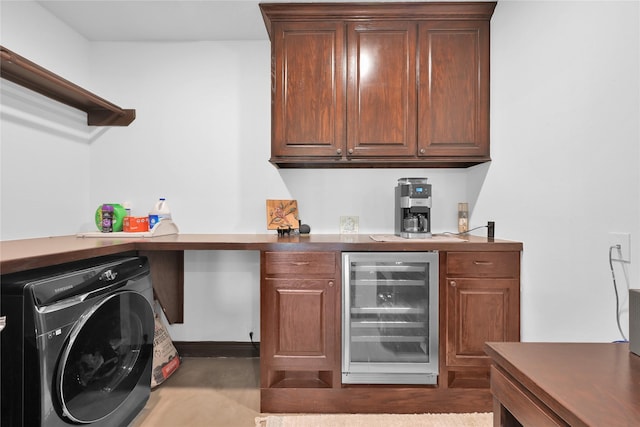 interior space with cabinets, bar area, and beverage cooler