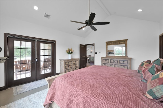 bedroom with ceiling fan, access to outside, french doors, and vaulted ceiling with beams