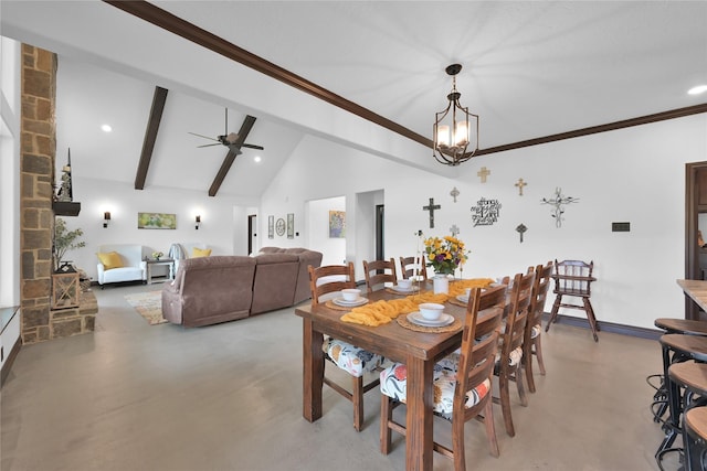 dining room featuring high vaulted ceiling, beamed ceiling, and ceiling fan with notable chandelier