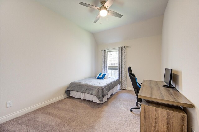 carpeted bedroom with lofted ceiling and ceiling fan