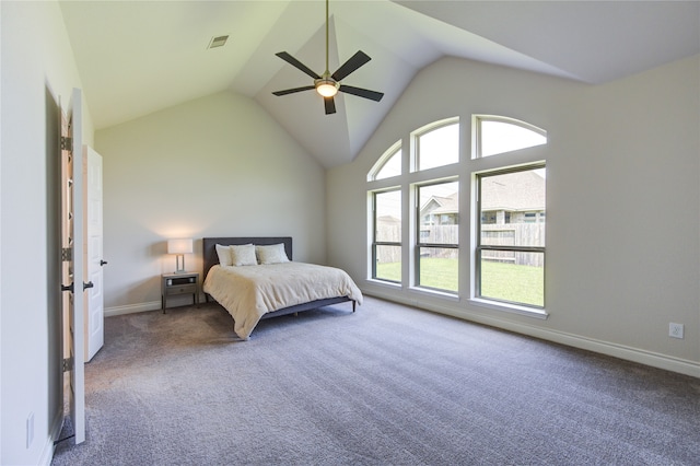 bedroom with high vaulted ceiling, carpet, and ceiling fan