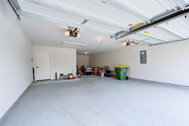 garage with electric panel and a garage door opener