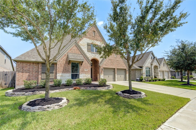 view of front of house with a front yard and a garage