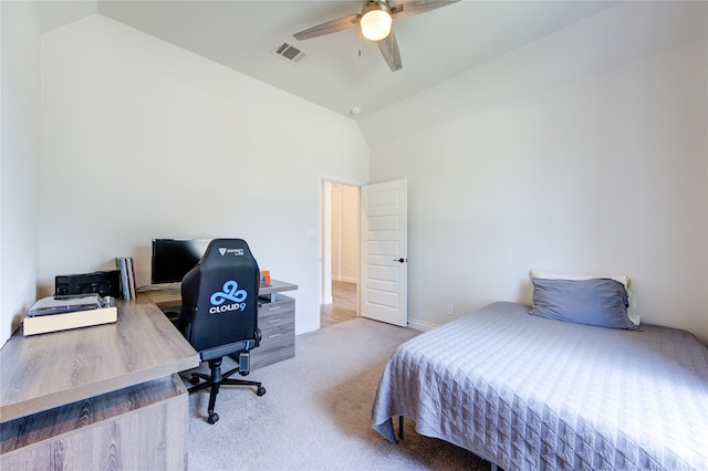 bedroom with ceiling fan, high vaulted ceiling, and light colored carpet