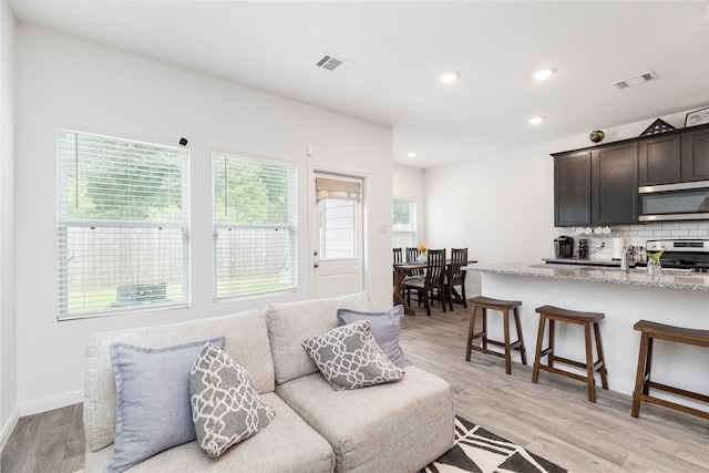 living room with light hardwood / wood-style flooring