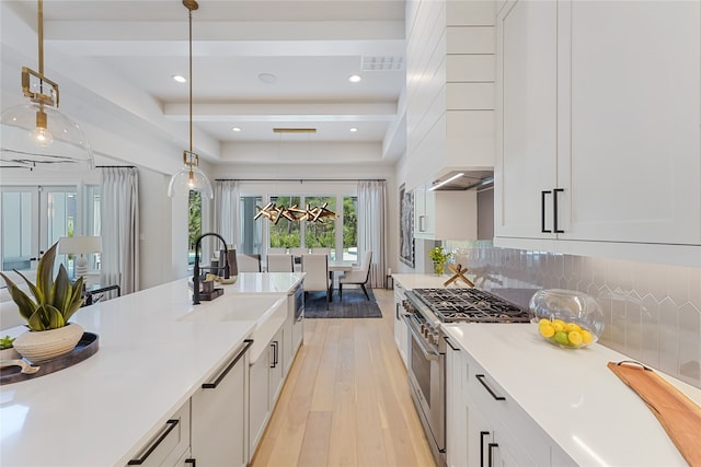 kitchen with tasteful backsplash, high end stainless steel range oven, pendant lighting, light wood-type flooring, and sink