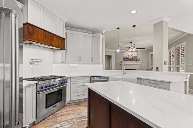 kitchen with light hardwood / wood-style floors, kitchen peninsula, premium appliances, crown molding, and ceiling fan