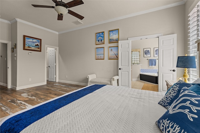 bedroom with ornamental molding, hardwood / wood-style floors, ceiling fan, and ensuite bathroom