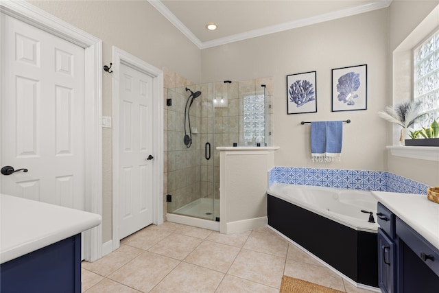 bathroom with crown molding, shower with separate bathtub, vanity, and tile patterned floors