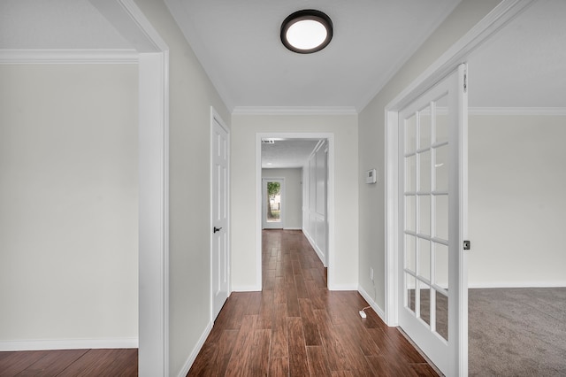 corridor with carpet and crown molding