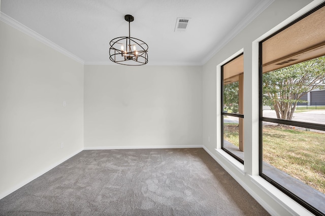 carpeted spare room featuring a chandelier, crown molding, and a healthy amount of sunlight