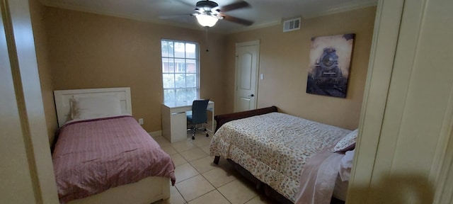 tiled bedroom with ceiling fan