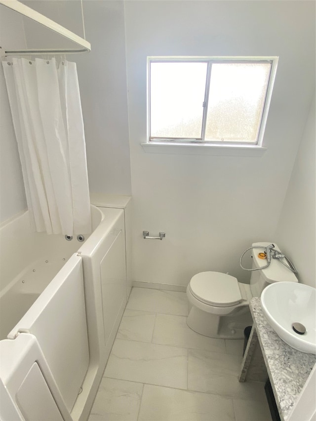 full bathroom featuring vanity, shower / tub combo, tile patterned flooring, and toilet