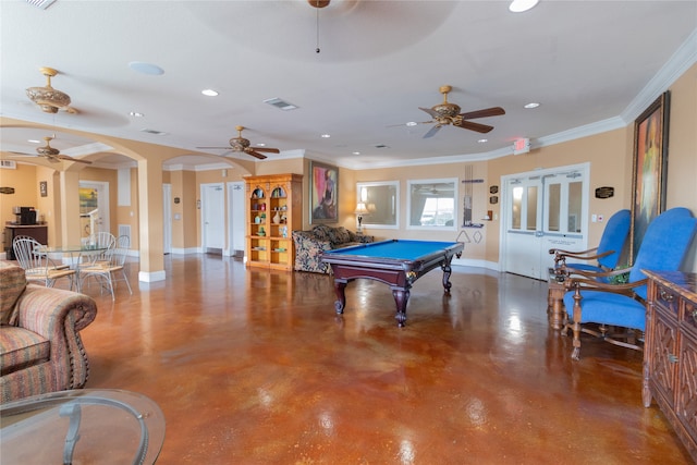 rec room featuring pool table, ceiling fan, and crown molding