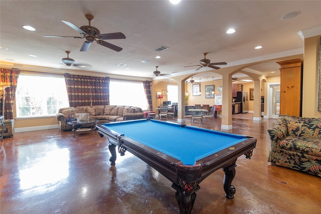 rec room featuring ceiling fan, crown molding, and billiards