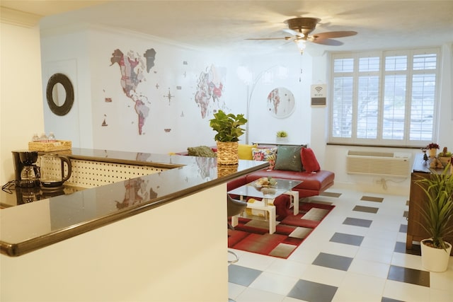 interior space featuring crown molding and ceiling fan