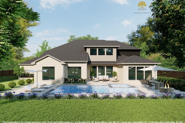 rear view of house featuring an outdoor living space, a lawn, a patio, fence, and brick siding