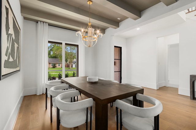 dining area with baseboards, a notable chandelier, beamed ceiling, light wood finished floors, and recessed lighting