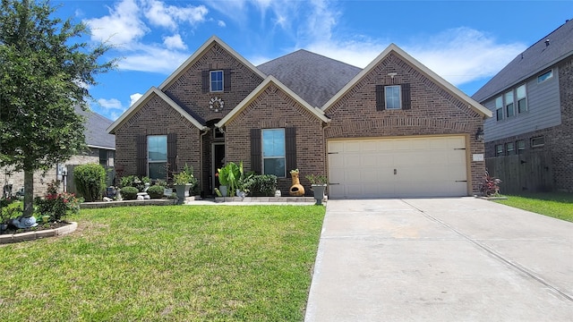 traditional home with a front yard, brick siding, driveway, and a shingled roof